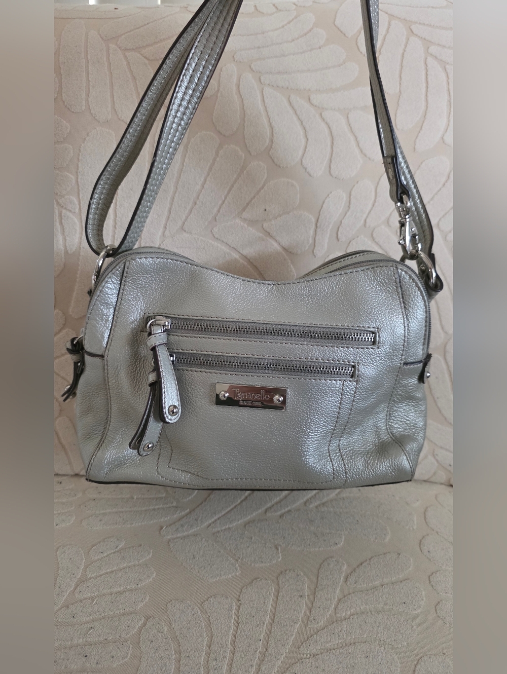 Tignanello Metallic Silver Pebbled Leather Crossbody